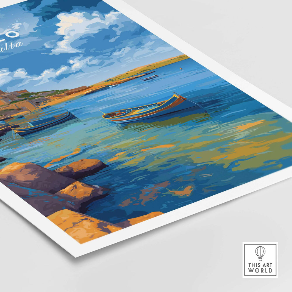 Gozo Xlendi Bay Beach Scene Print | Mediterranean Home Decor featuring serene waters and colorful boats.
