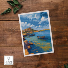 Gozo Xlendi Bay Beach Scene Print | Mediterranean Home Decor displayed on wooden surface.