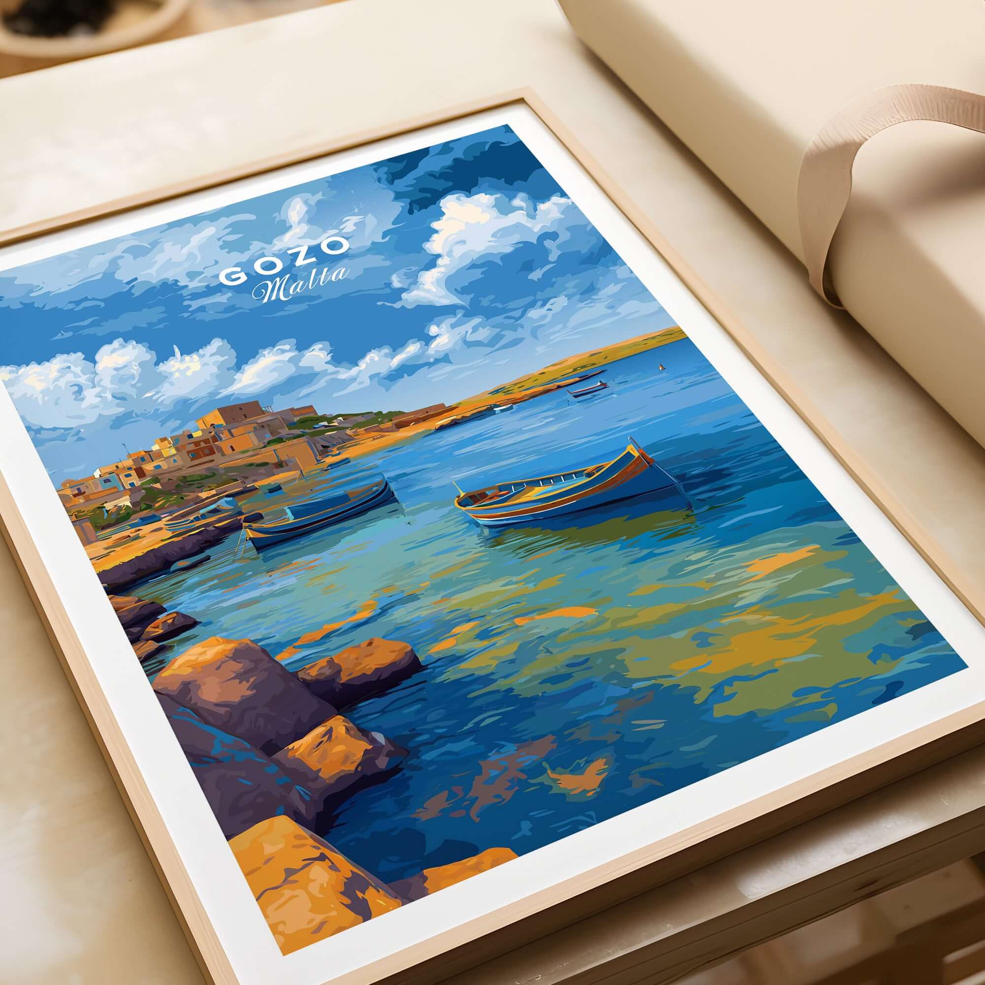 Gozo Xlendi Bay Beach Scene Print | Mediterranean Home Decor showcasing tranquil waters and boats in a picturesque setting.
