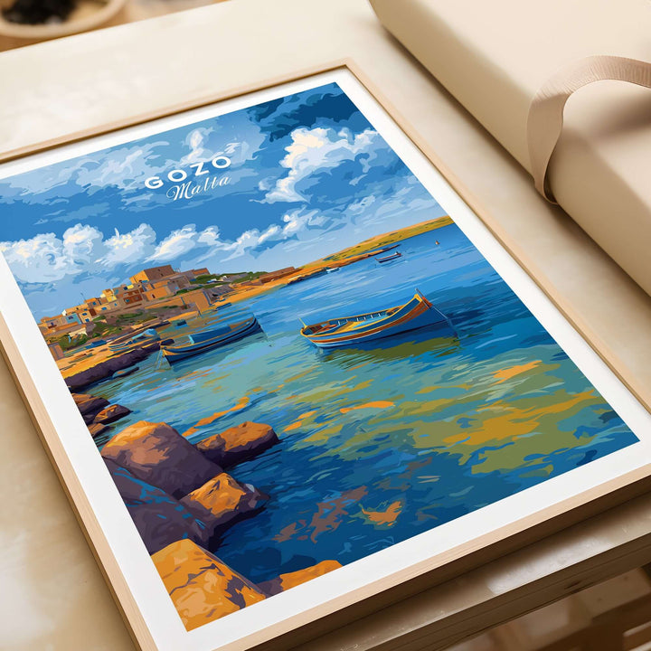Gozo Xlendi Bay Beach Scene Print | Mediterranean Home Decor featuring a vibrant coastal scene with boats.