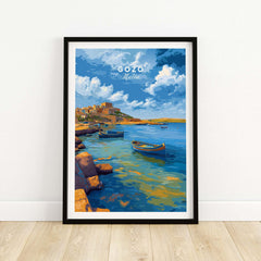 Gozo Xlendi Bay Beach Scene Print | Mediterranean Home Decor vibrant artwork featuring boats and coastal landscape.