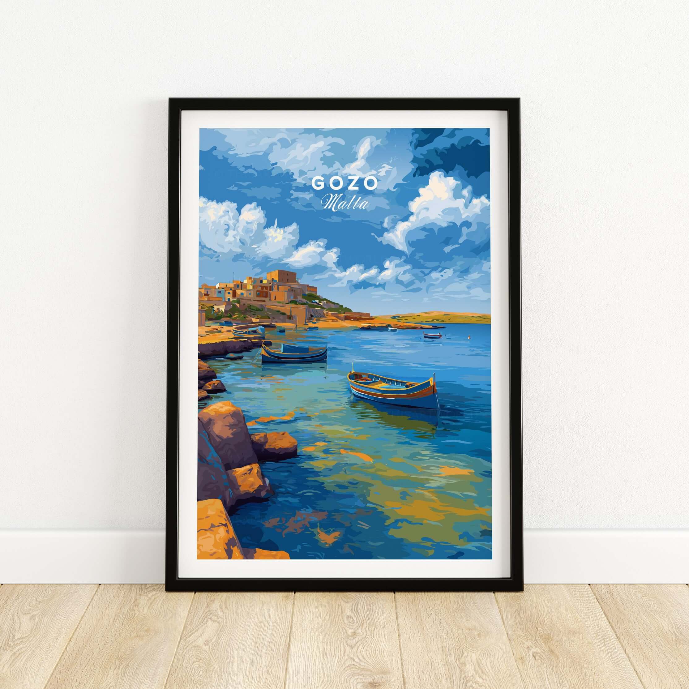 Gozo Xlendi Bay Beach Scene Print | Mediterranean Home Decor vibrant artwork featuring boats and coastal landscape.