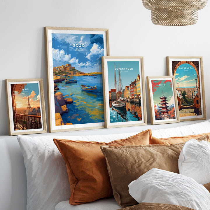 Gozo Xlendi Bay Beach Scene Print | Mediterranean Home Decor displayed among various beautiful travel prints.