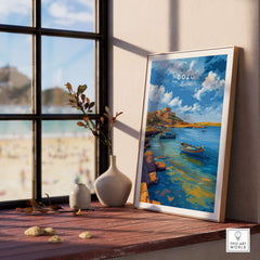 Gozo Xlendi Bay Beach Scene Print | Mediterranean Home Decor displayed in a sunlit room near a window.