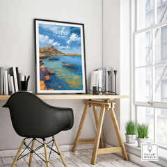 Gozo Xlendi Bay Beach Scene Print | Mediterranean Home Decor displayed in a contemporary room with a stylish chair.