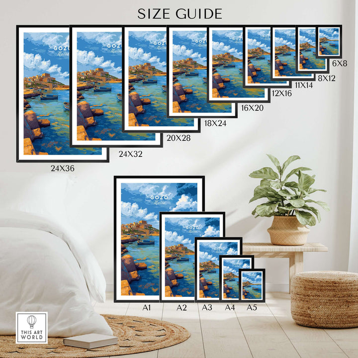 Gozo Xlendi Bay Beach Scene Print | Mediterranean Home Decor size guide showing various frame sizes.