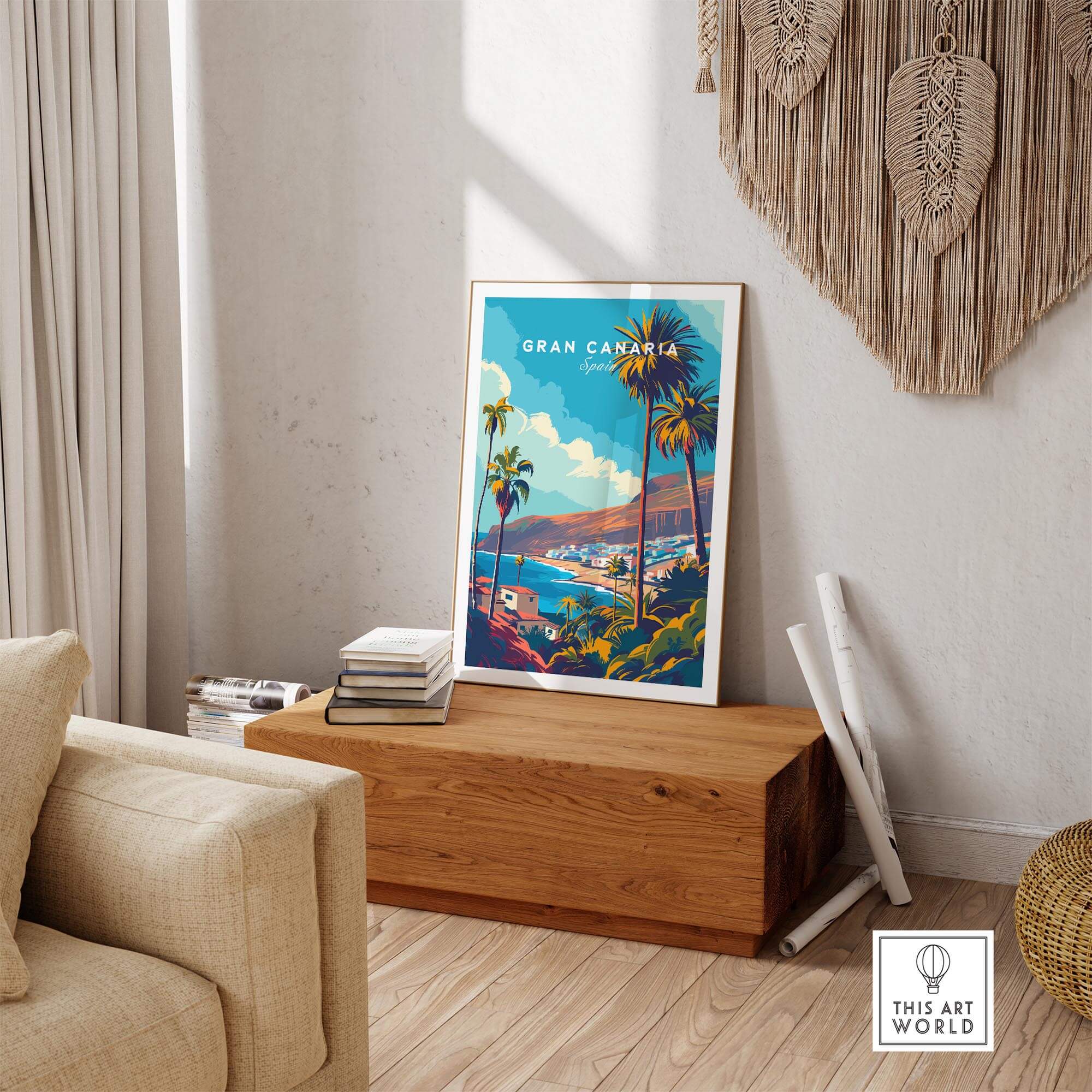 Gran Canaria - Canary Islands Art Print displayed in a stylish living room setting with tropical decor.