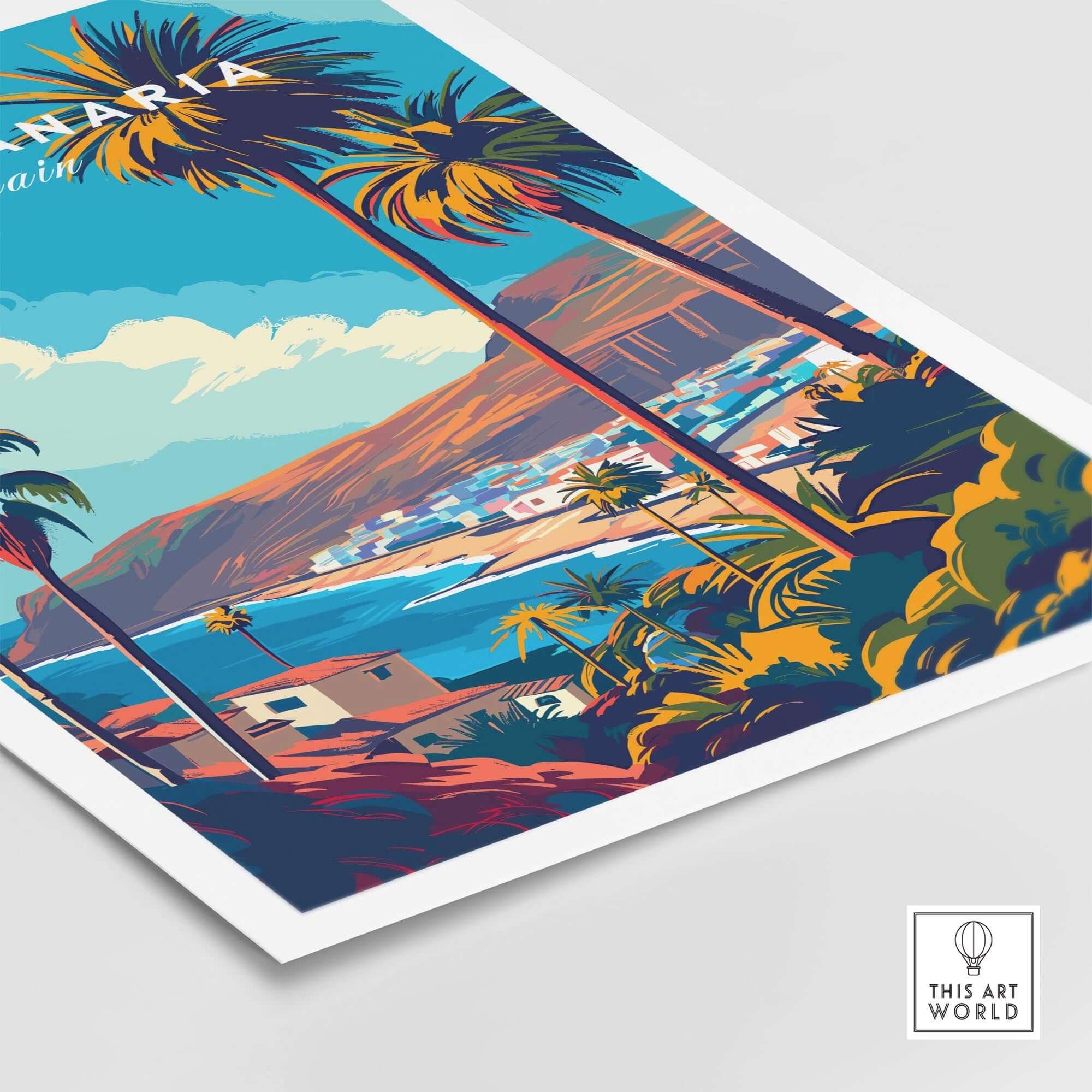 Gran Canaria - Canary Islands Art Print featuring vibrant palm trees and coastal scenery.