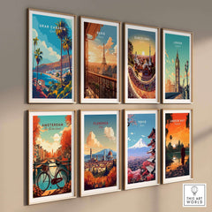 Gran Canaria - Canary Islands Art Print displayed among travel posters of various cities including Paris and Barcelona.