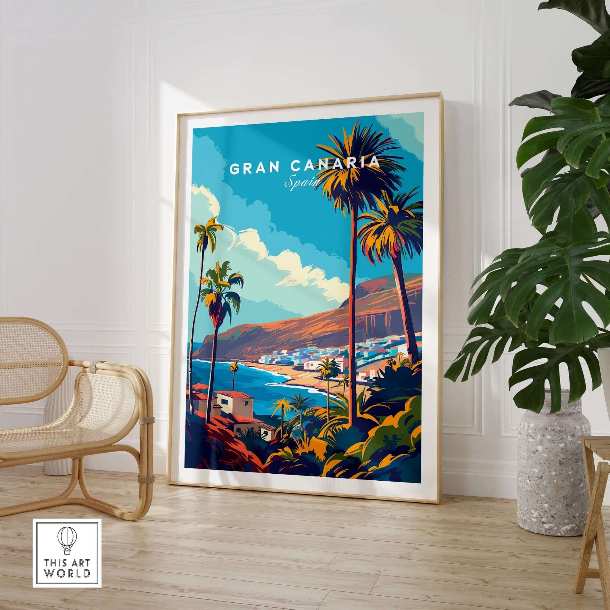 Gran Canaria - Canary Islands Art Print featuring vibrant colors and tropical scenery in a stylish interior setting.