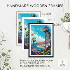 Gran Canaria - Canary Islands Art Print displayed in handmade wooden frames in natural, white, and black finishes.
