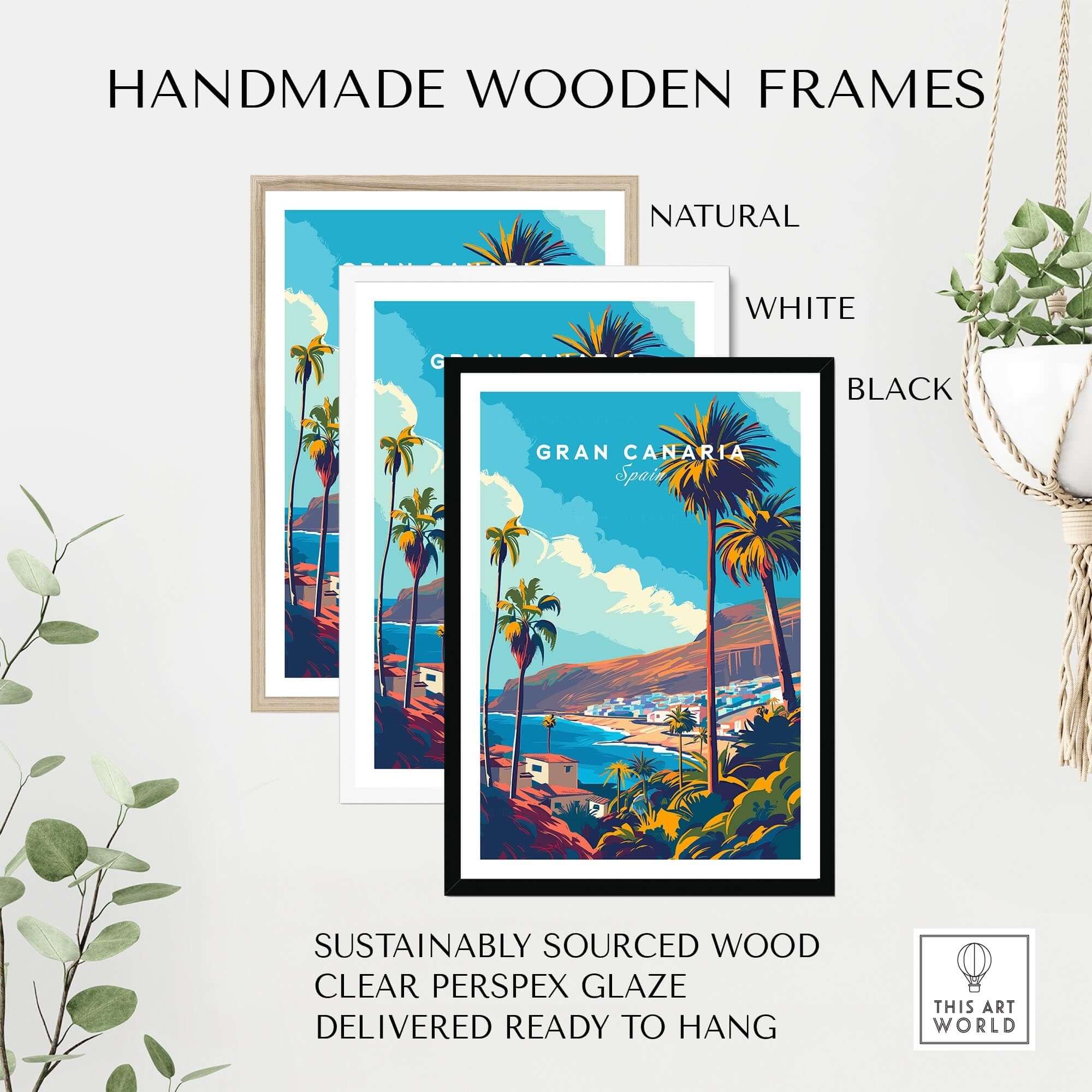 Gran Canaria - Canary Islands Art Print displayed in handmade wooden frames in natural, white, and black finishes.