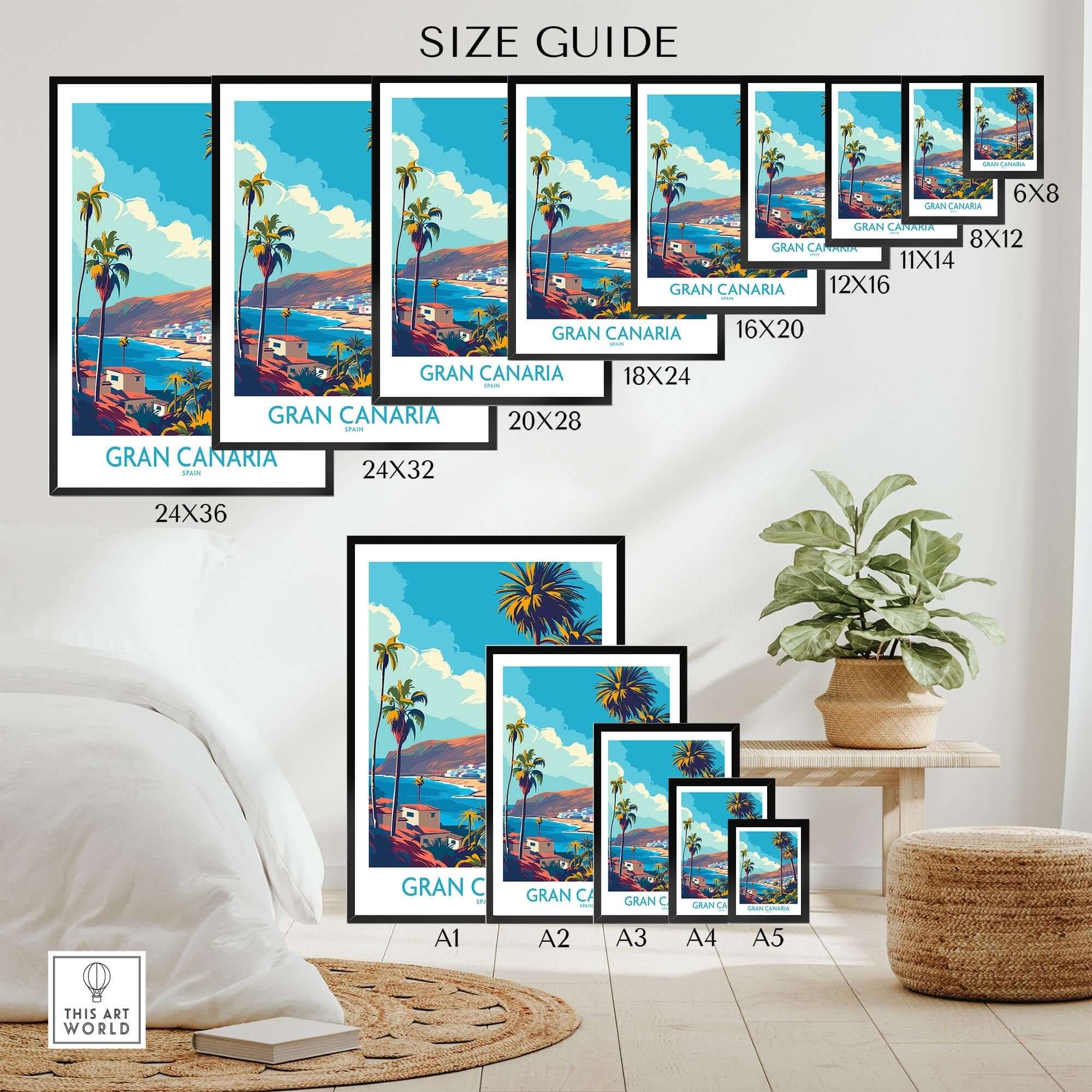 Gran Canaria - Canary Islands Poster size guide showcasing various print dimensions and vibrant landscape design.