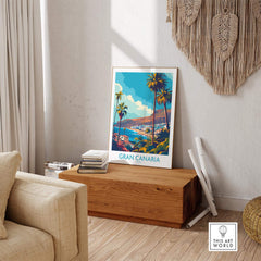 Gran Canaria - Canary Islands Poster displayed in a modern living room setting with palm trees and scenic views.