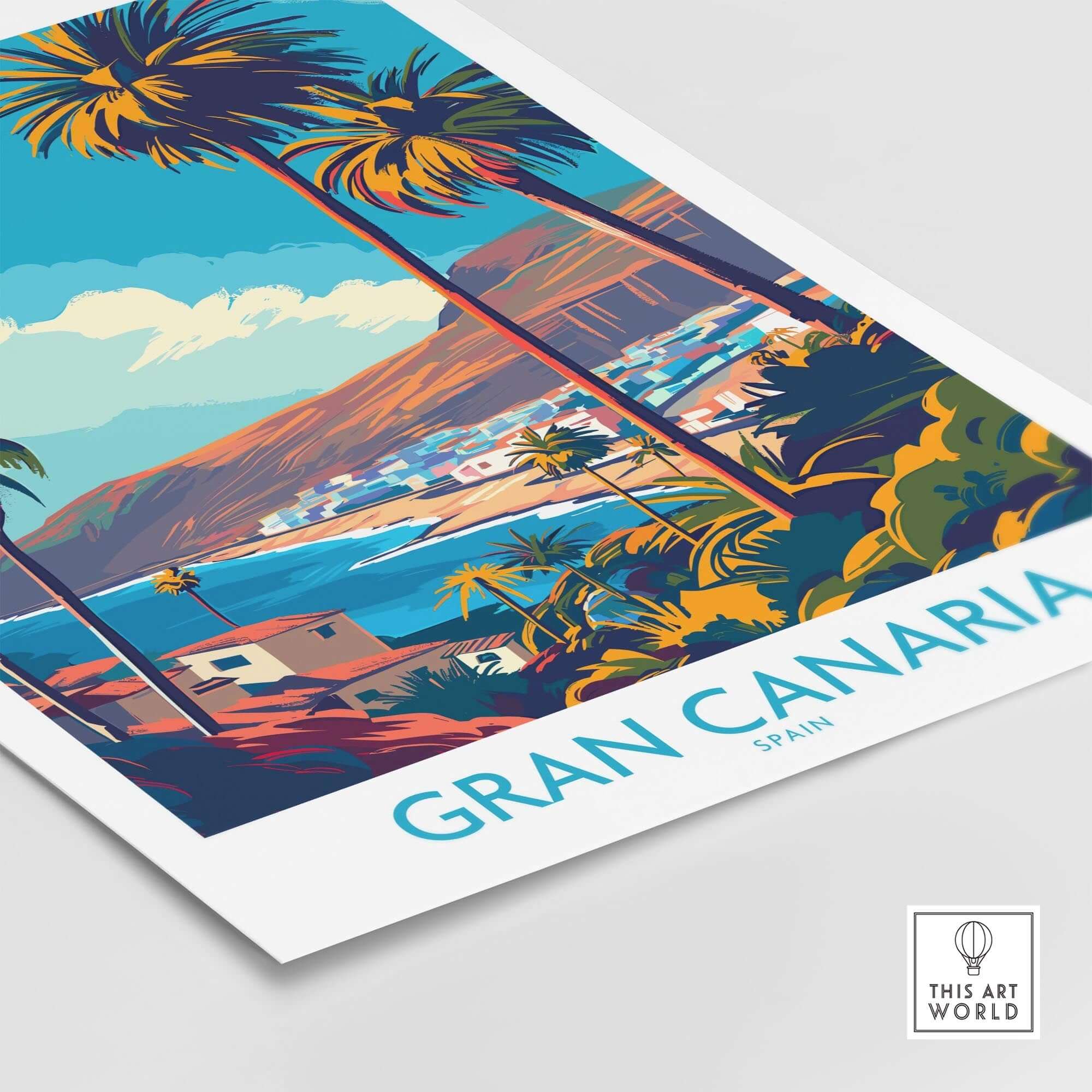 Gran Canaria - Canary Islands Poster featuring vibrant landscapes of palm trees and coastal views in Spain.