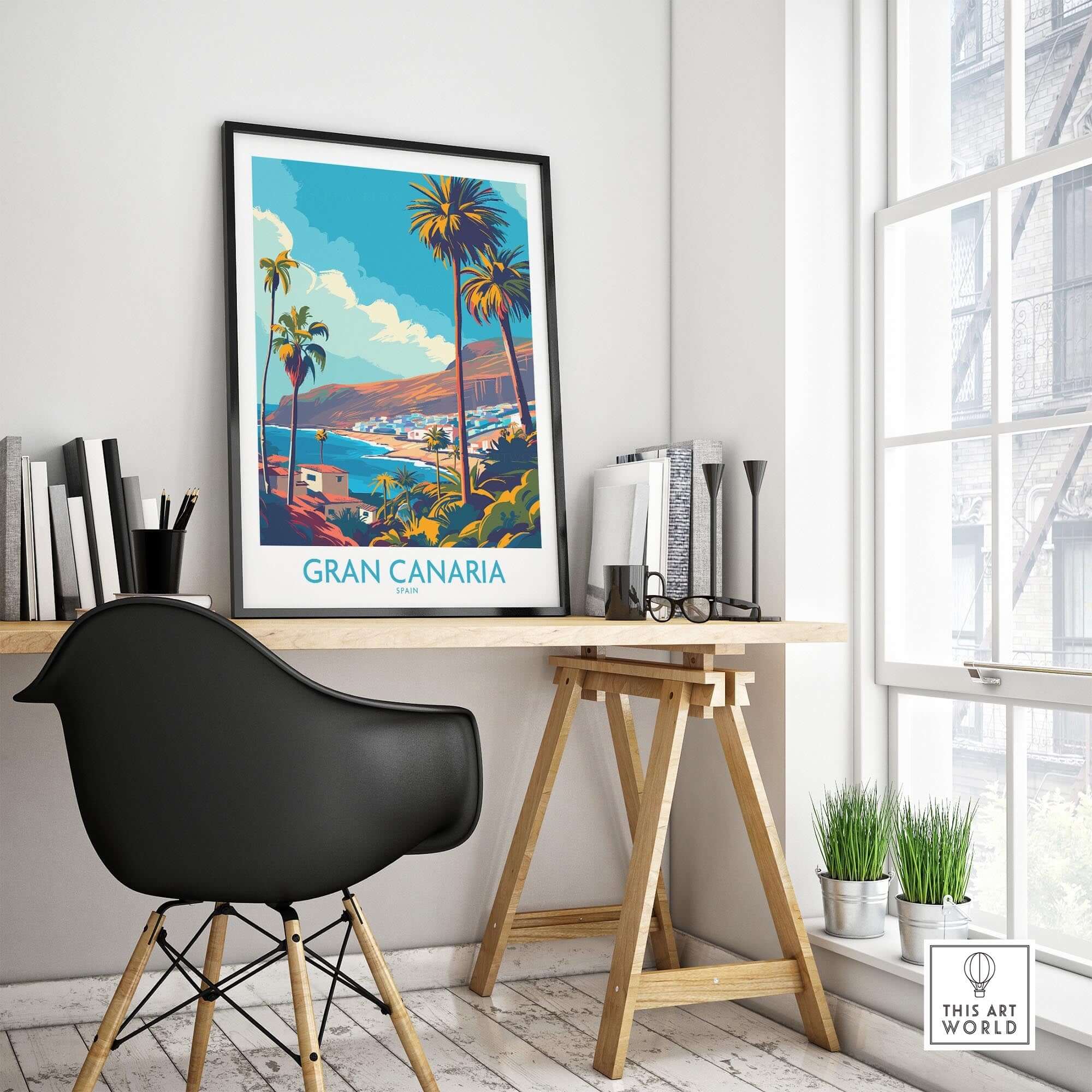 Gran Canaria - Canary Islands Poster displayed on a wall in a chic office workspace with plants and a stylish chair.