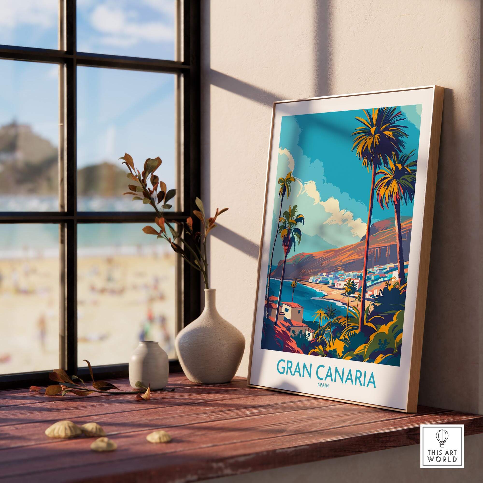 Gran Canaria - Canary Islands Poster displayed in a sunlit room with beach view and decorative elements.