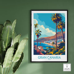 Gran Canaria - Canary Islands Poster featuring vibrant landscapes and palm trees against a blue sky.