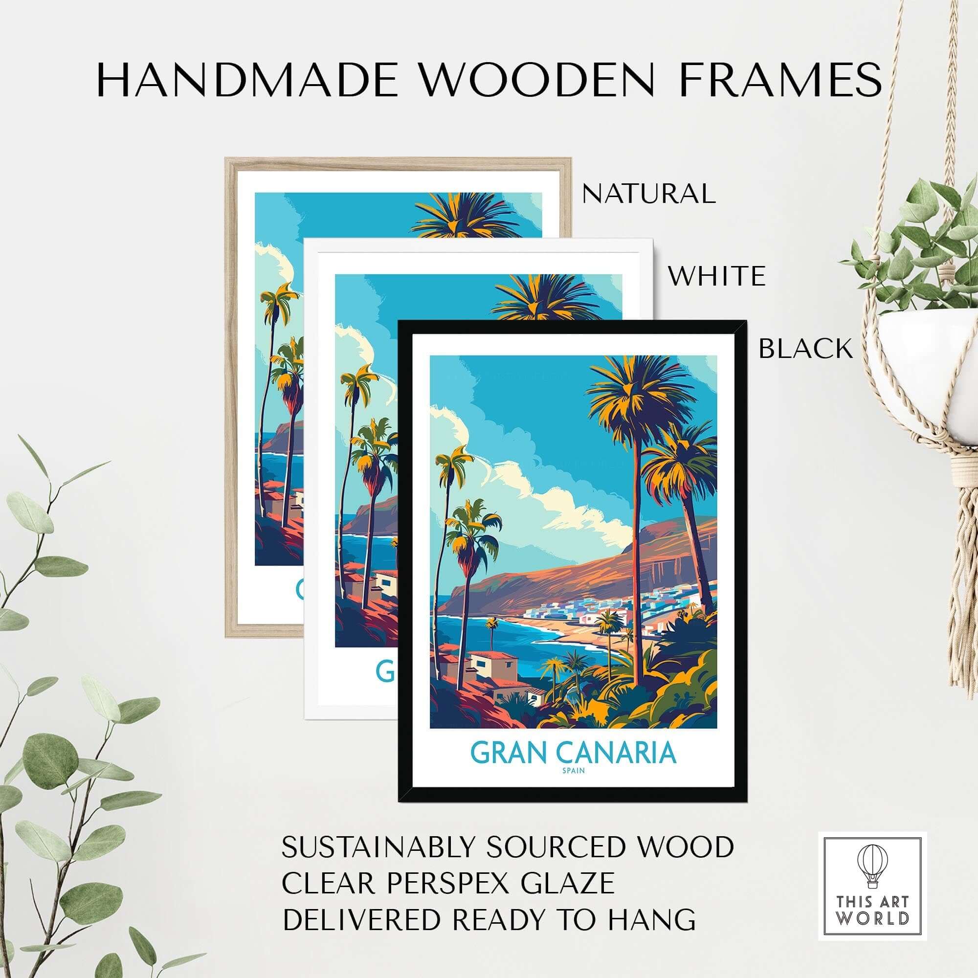 Gran Canaria - Canary Islands Poster displayed in handmade wooden frames; natural, white, and black options available.