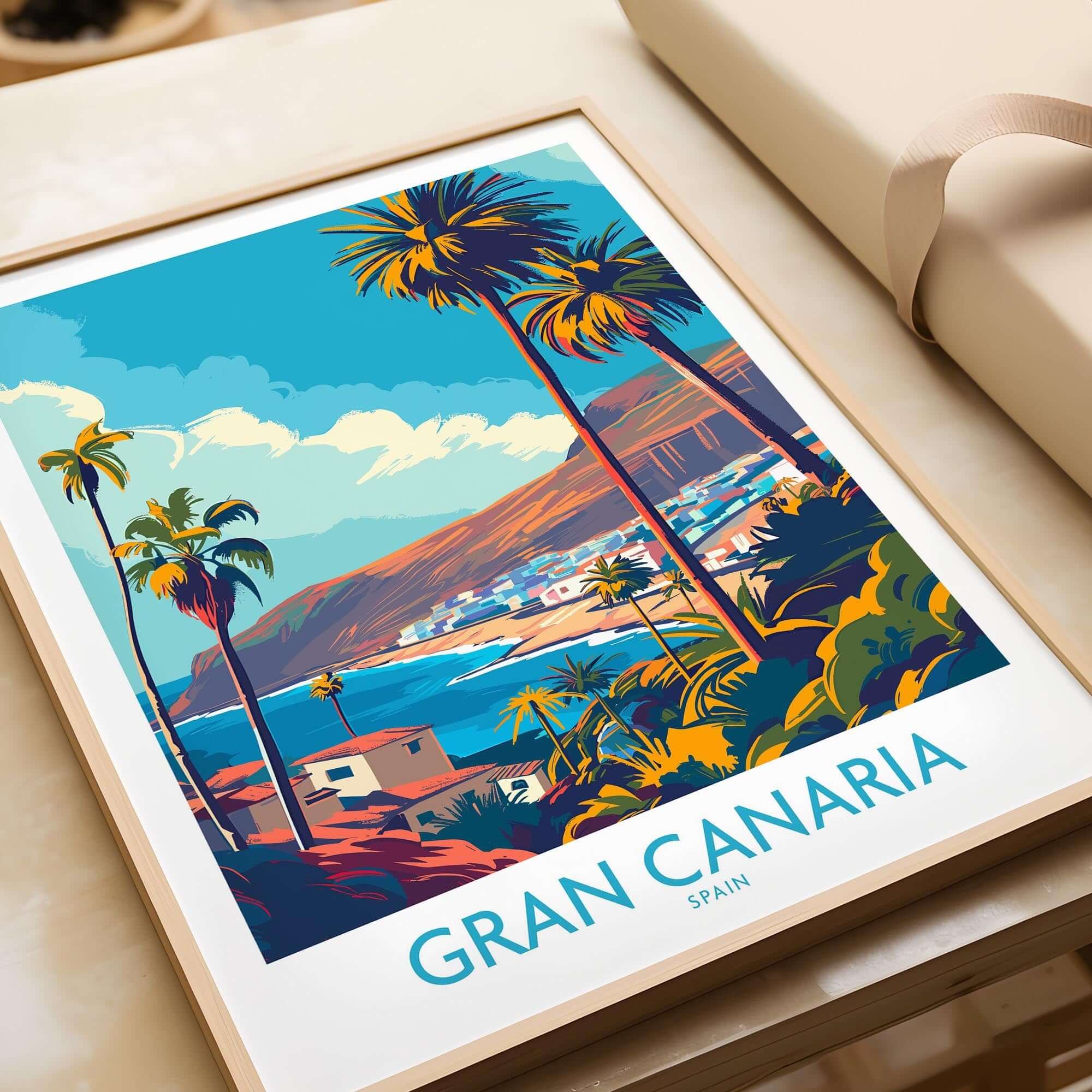 Gran Canaria - Canary Islands Poster featuring vibrant landscapes and palm trees, perfect for adventure lovers.