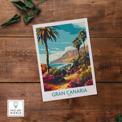 Gran Canaria Poster - Canary Islands showcasing vibrant tropical scenery with palm trees and coastal views.