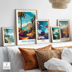 Gran Canaria Poster - Canary Islands displayed among travel art prints on a shelf, enhancing home decor.
