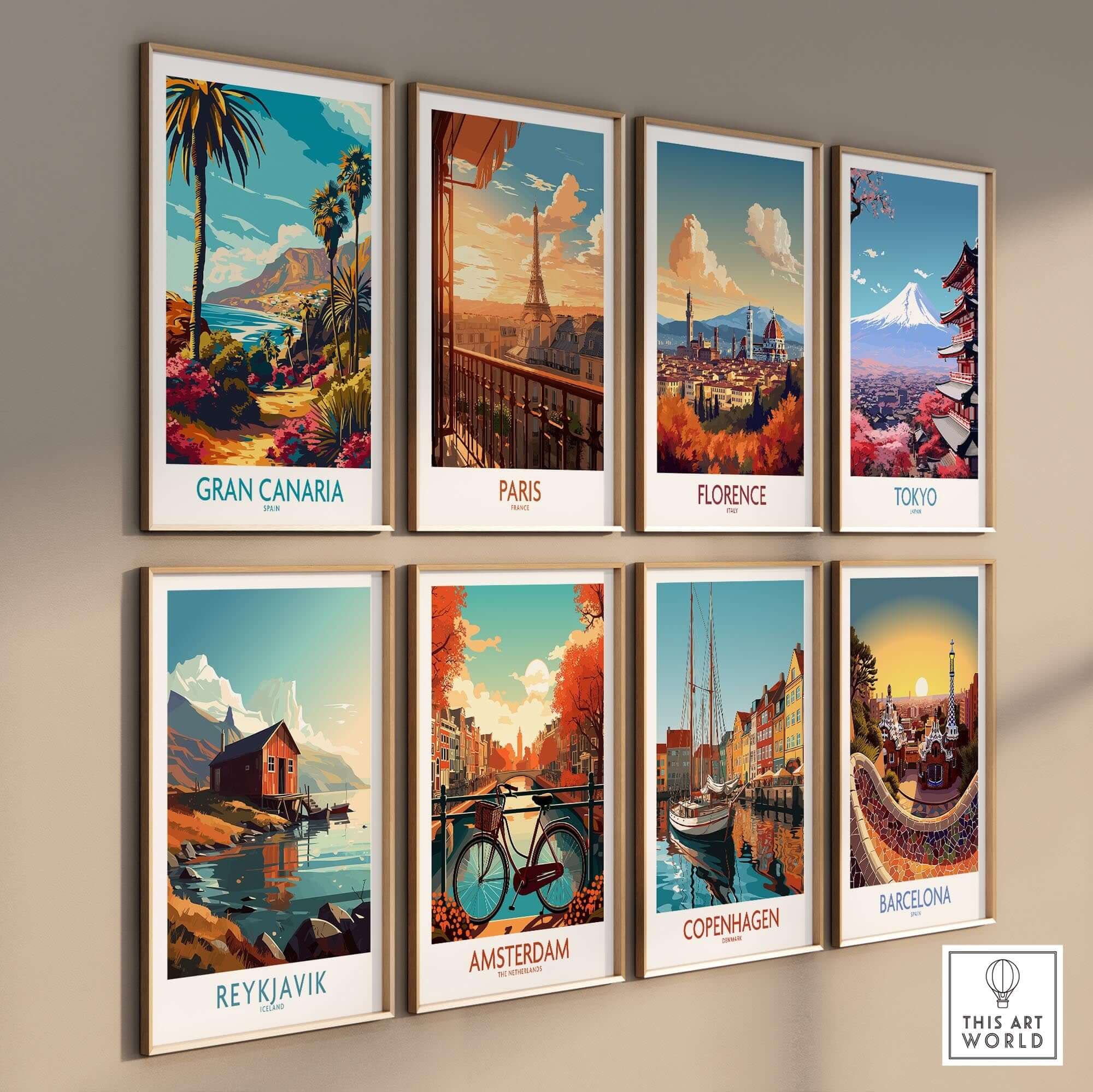 Gran Canaria Poster - Canary Islands displayed among other travel posters on a wall showcasing scenic landscapes.