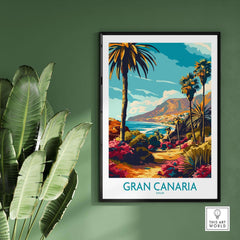 Gran Canaria Poster - Canary Islands showcasing a vibrant tropical landscape with palm trees and scenic views.