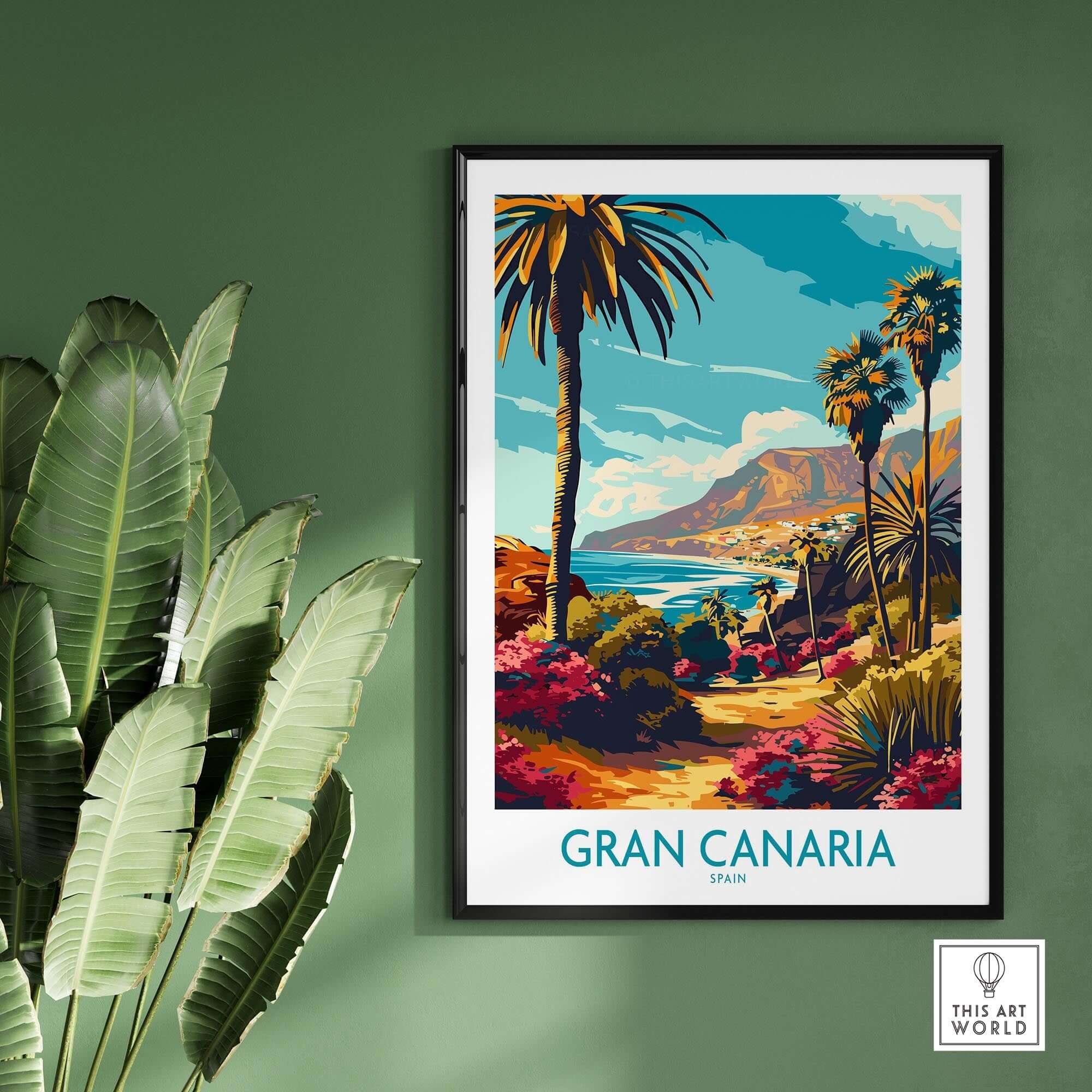 Gran Canaria Poster - Canary Islands showcasing a vibrant tropical landscape with palm trees and scenic views.