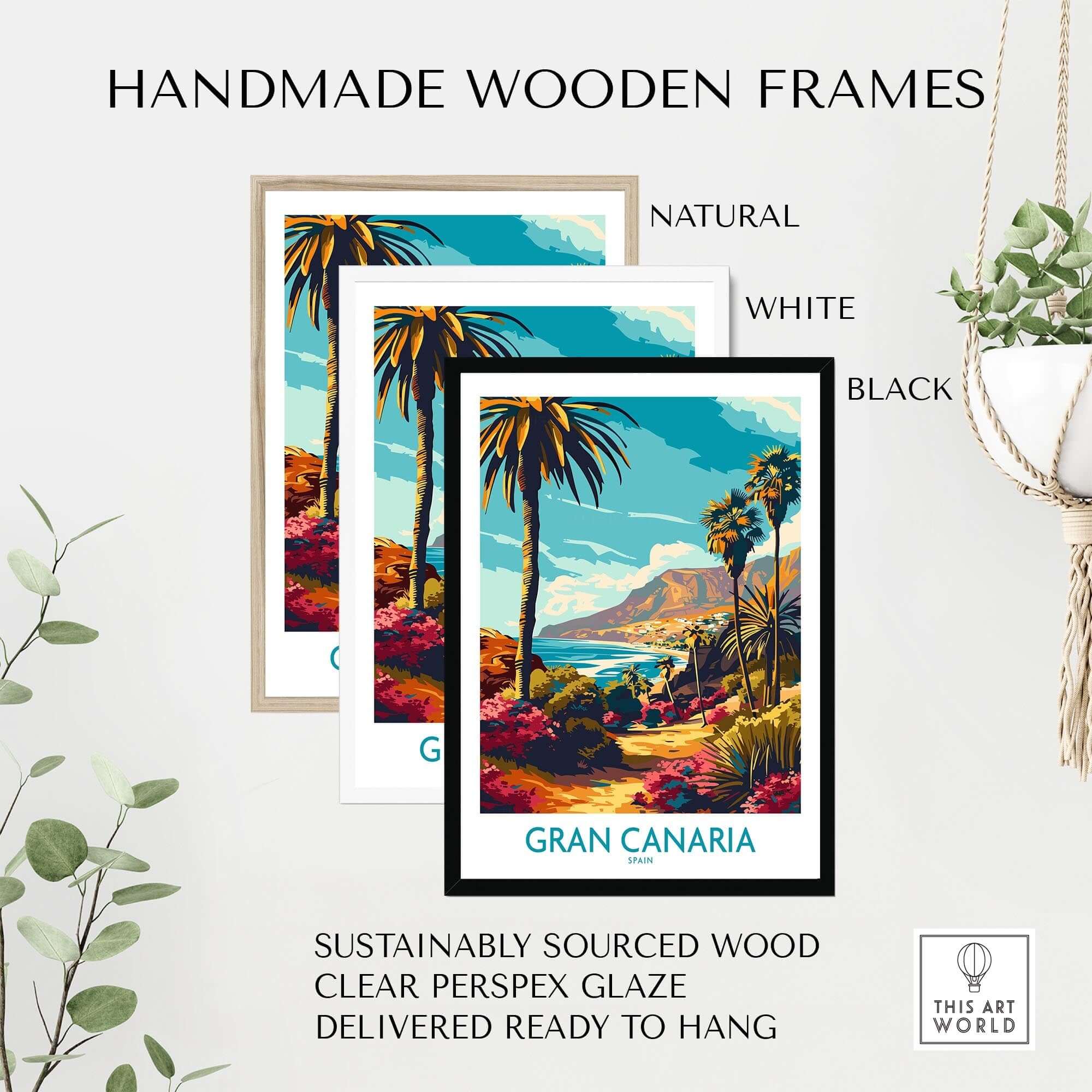 Handmade wooden frames featuring Gran Canaria Poster - Canary Islands in natural, white, and black options.