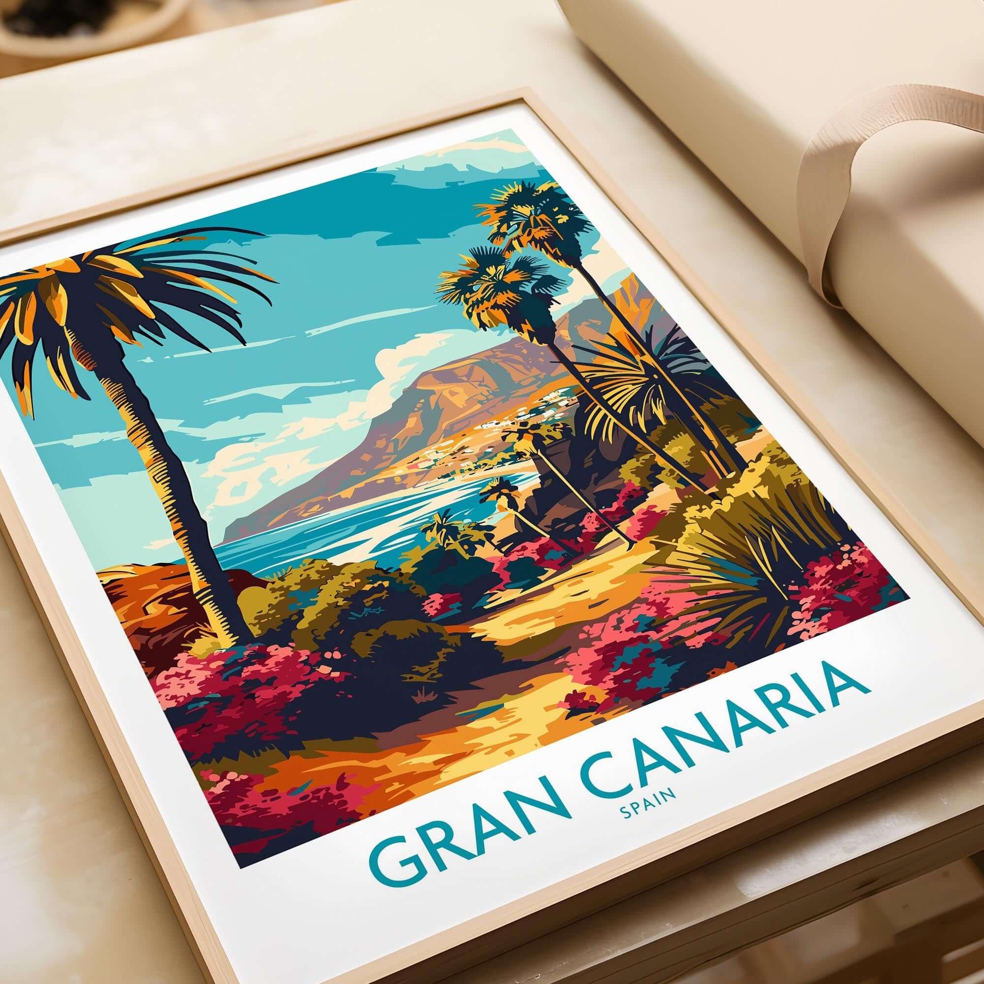 Gran Canaria Poster - Canary Islands featuring vibrant tropical scenery and palm trees in a colorful design.