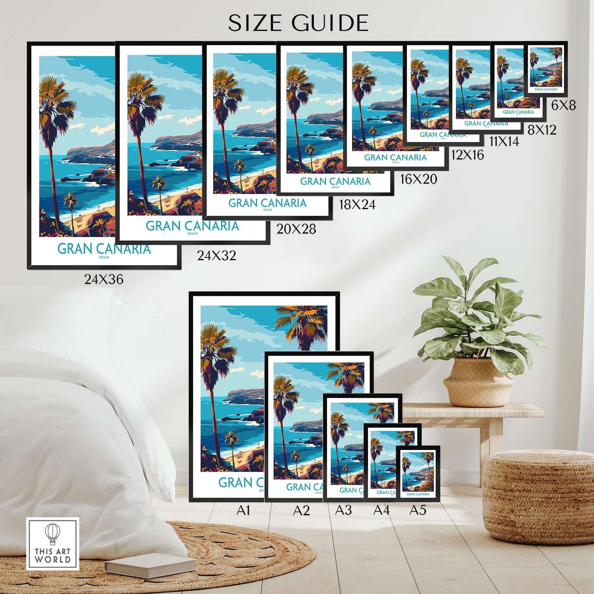 Gran Canaria - Poster Print size guide showing various frame sizes and dimensions for artwork display.