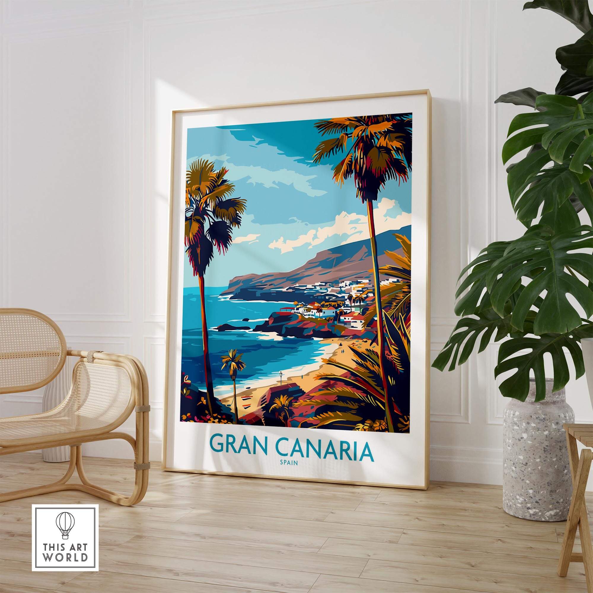 Gran Canaria - Poster Print featuring a vibrant travel poster of Gran Canaria's coastline and palm trees.