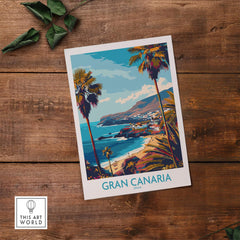 Gran Canaria - Poster Print showcasing vibrant coastline with palm trees and colorful villages in Spain.