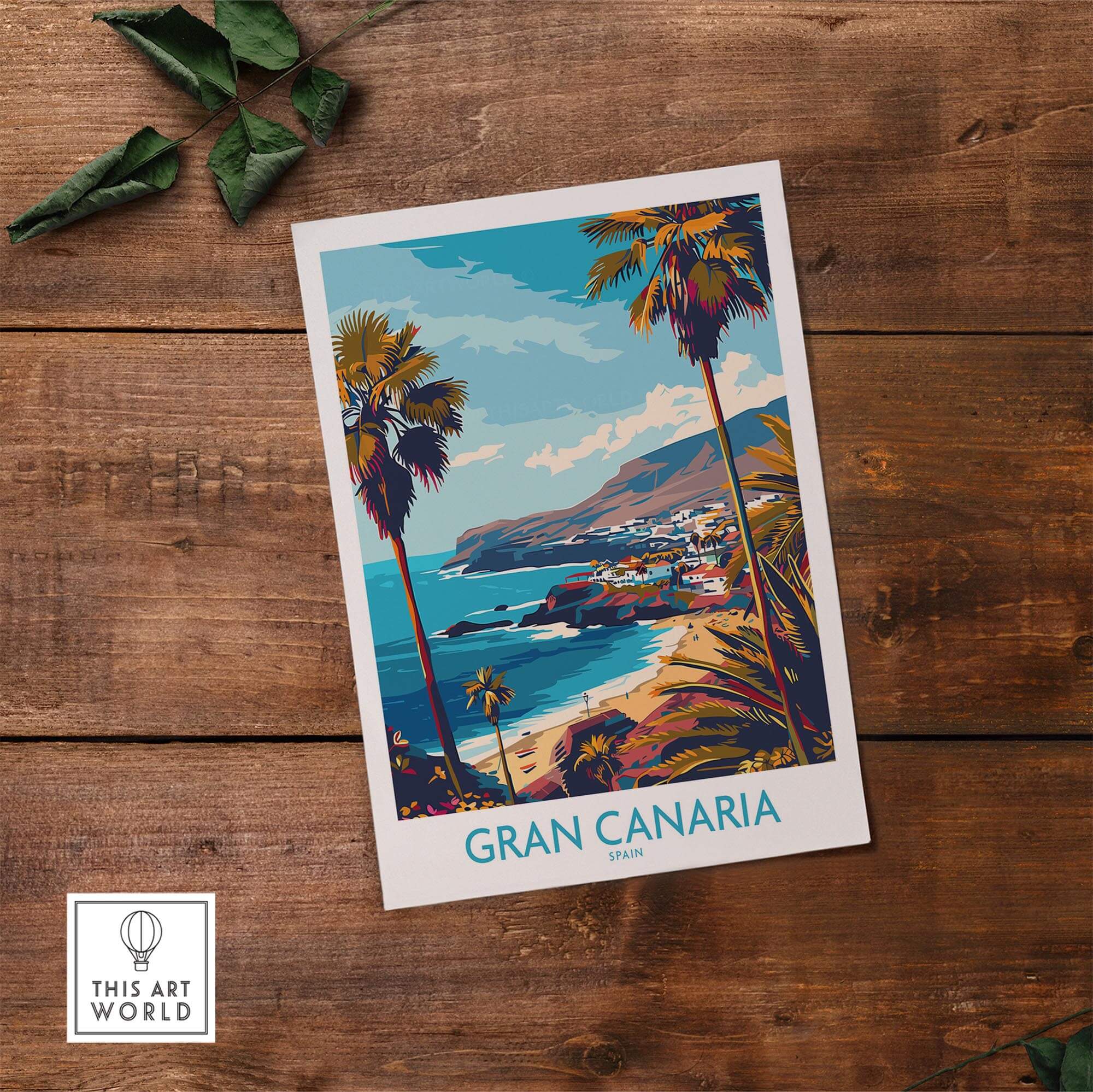 Gran Canaria - Poster Print showcasing vibrant coastline with palm trees and colorful villages in Spain.