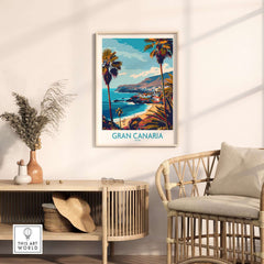 Gran Canaria - Poster Print featuring a vibrant coastal view and palm trees in a stylish living room decor.