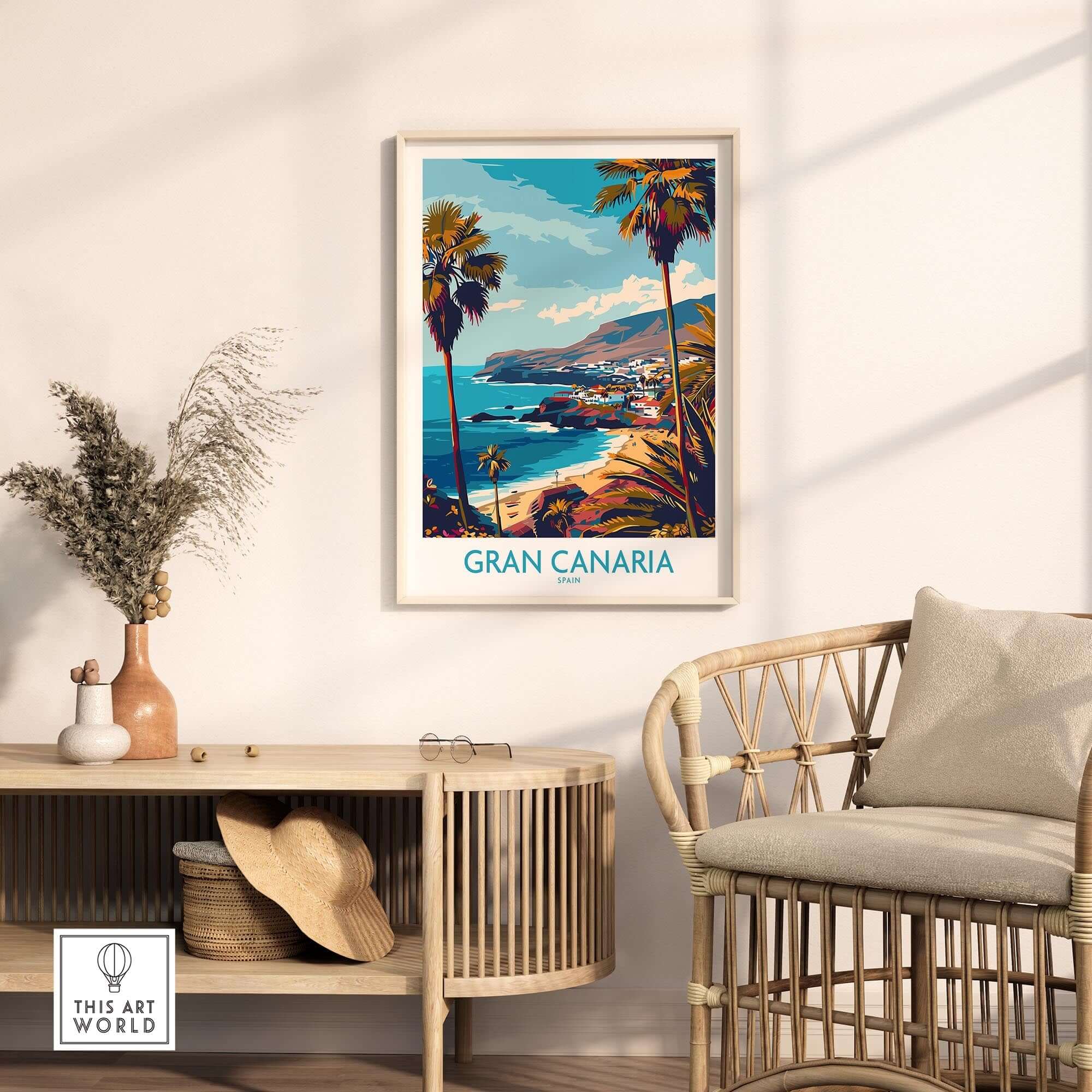 Gran Canaria - Poster Print featuring a vibrant coastal view and palm trees in a stylish living room decor.