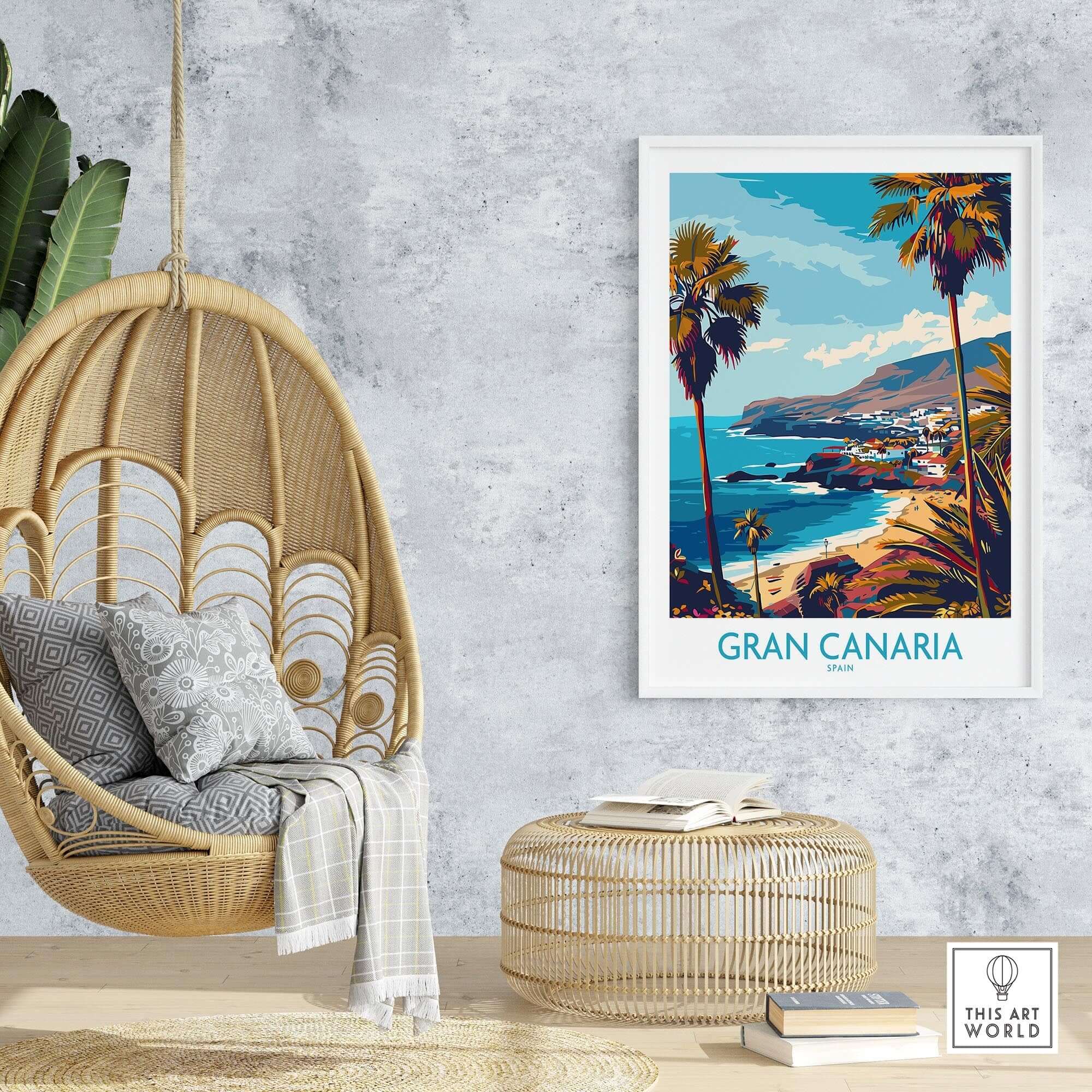Gran Canaria - Poster Print displayed in a modern living space featuring a cozy hanging chair.