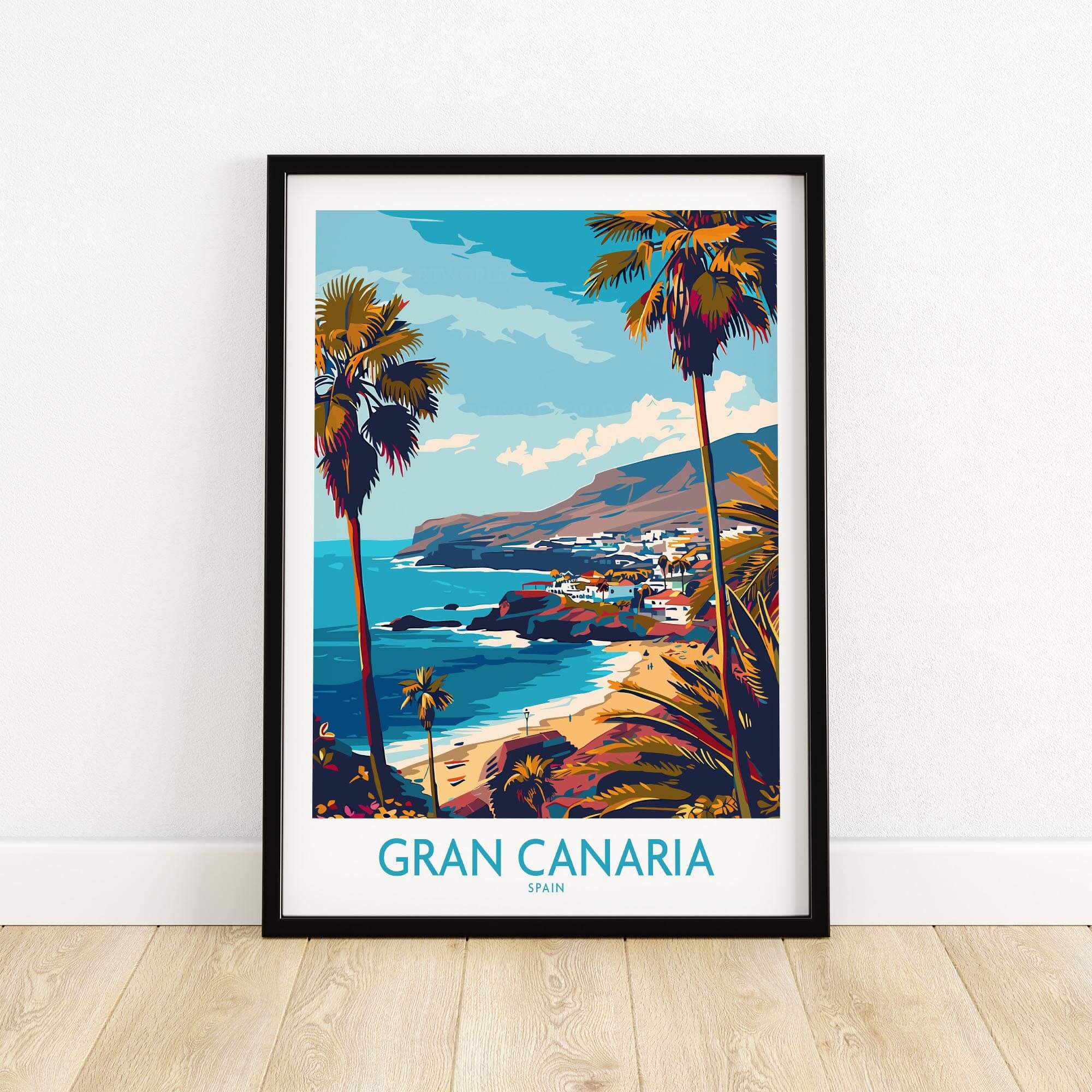 Gran Canaria - Poster Print featuring a vibrant coastal landscape with palm trees, capturing the beauty of the Canary Islands.