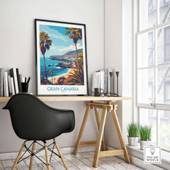 Gran Canaria - Poster Print showcased in modern interior workspace with coastal view and palm trees decor.