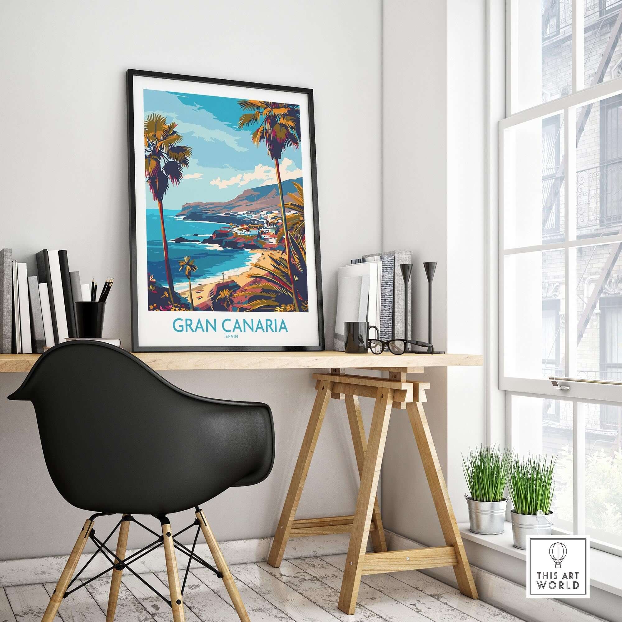 Gran Canaria - Poster Print showcased in modern interior workspace with coastal view and palm trees decor.