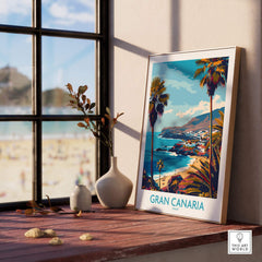 Gran Canaria - Poster Print showcasing vibrant landscape and beach view near a window with decorative elements.