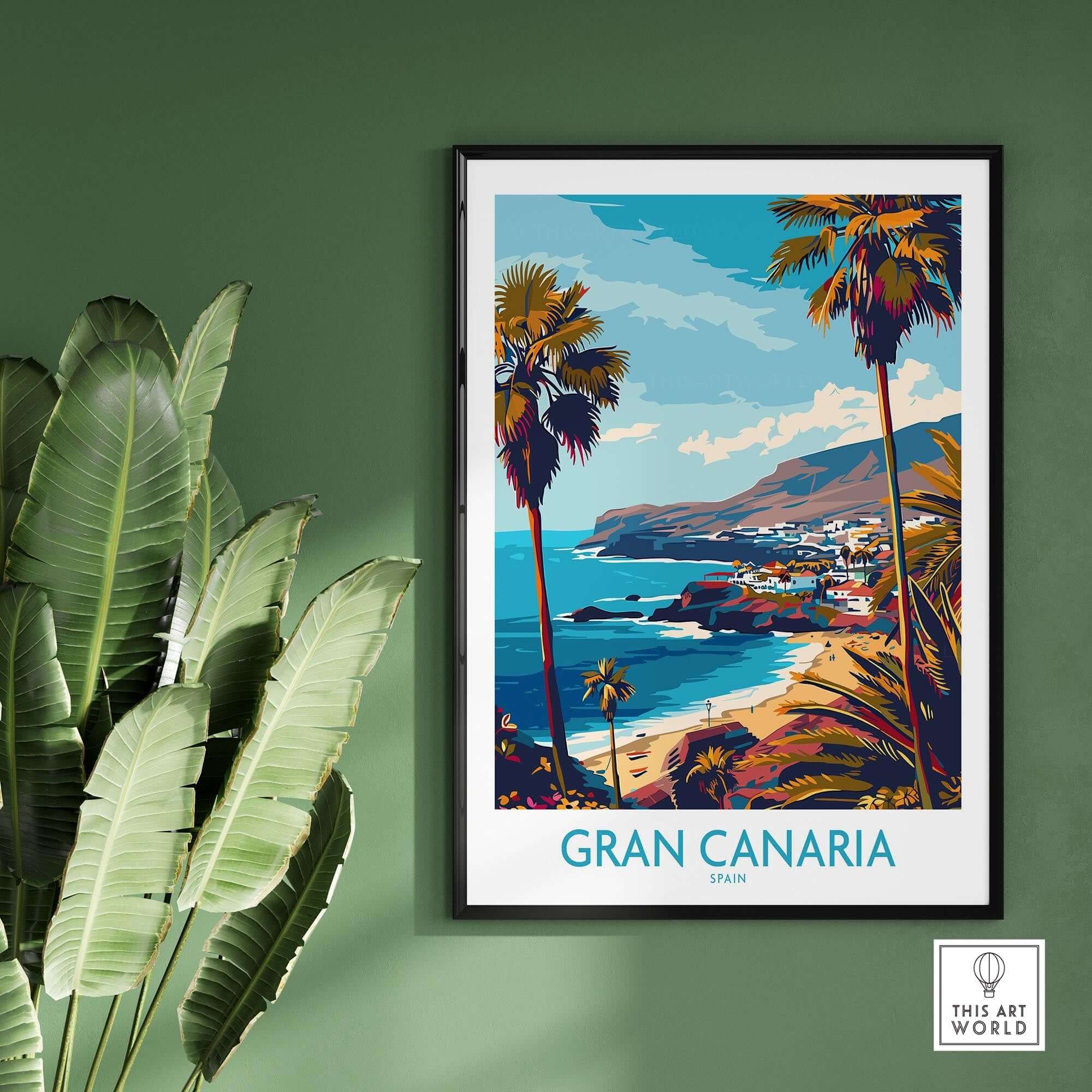 Gran Canaria - Poster Print showcasing vibrant coastal scenery and palm trees in a stylish frame.