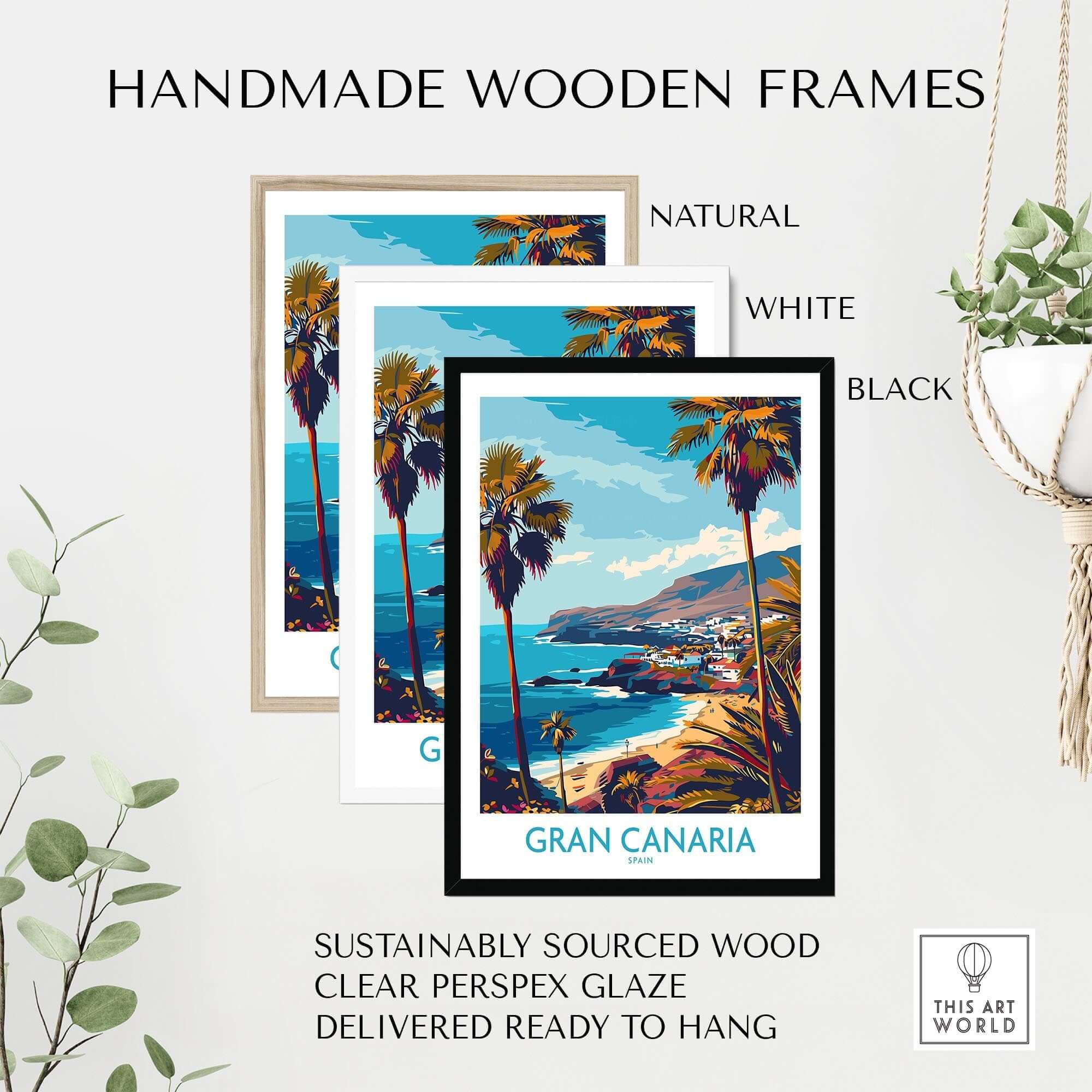 Gran Canaria - Poster Print with handmade wooden frames in natural, white, and black colors, showcasing vibrant island art.