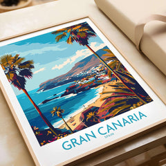 Gran Canaria - Poster Print showcasing vibrant landscape art of Gran Canaria's coastline and palm trees in Spain.