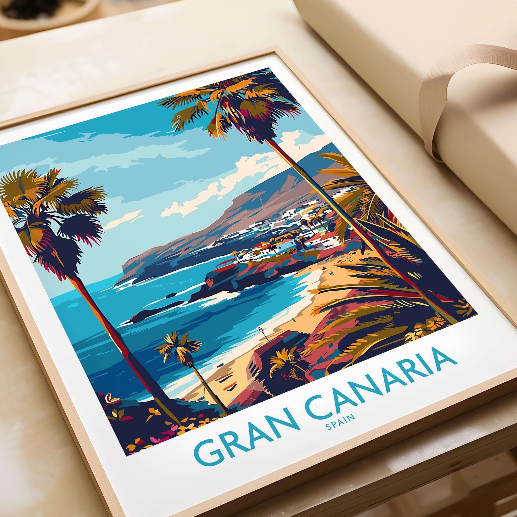 Gran Canaria - Poster Print showcasing vibrant landscape art of Gran Canaria's coastline and palm trees in Spain.