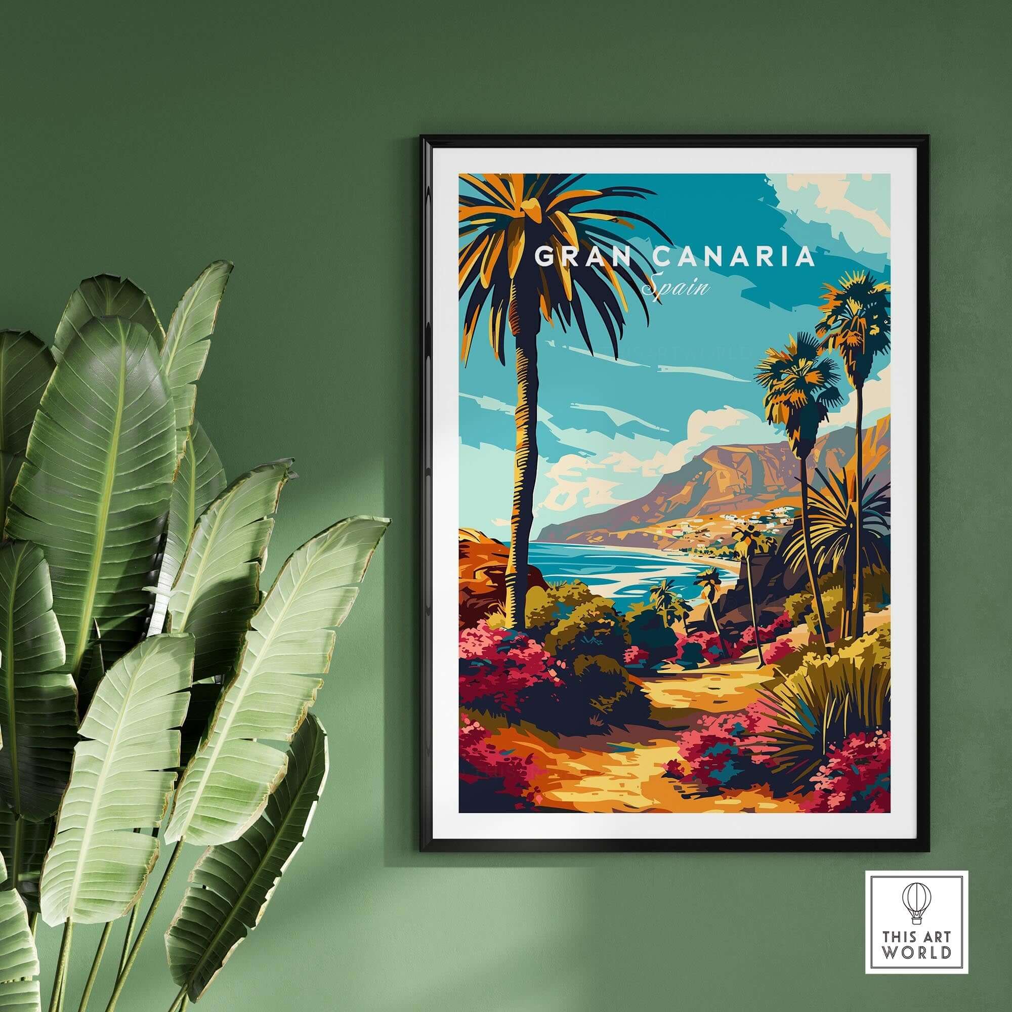 Gran Canaria Print - Canary Islands wall art featuring vibrant landscape and palm trees.