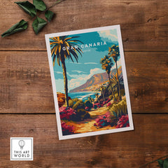 Gran Canaria Print - Canary Islands showcasing vibrant tropical scenery on a wooden background.