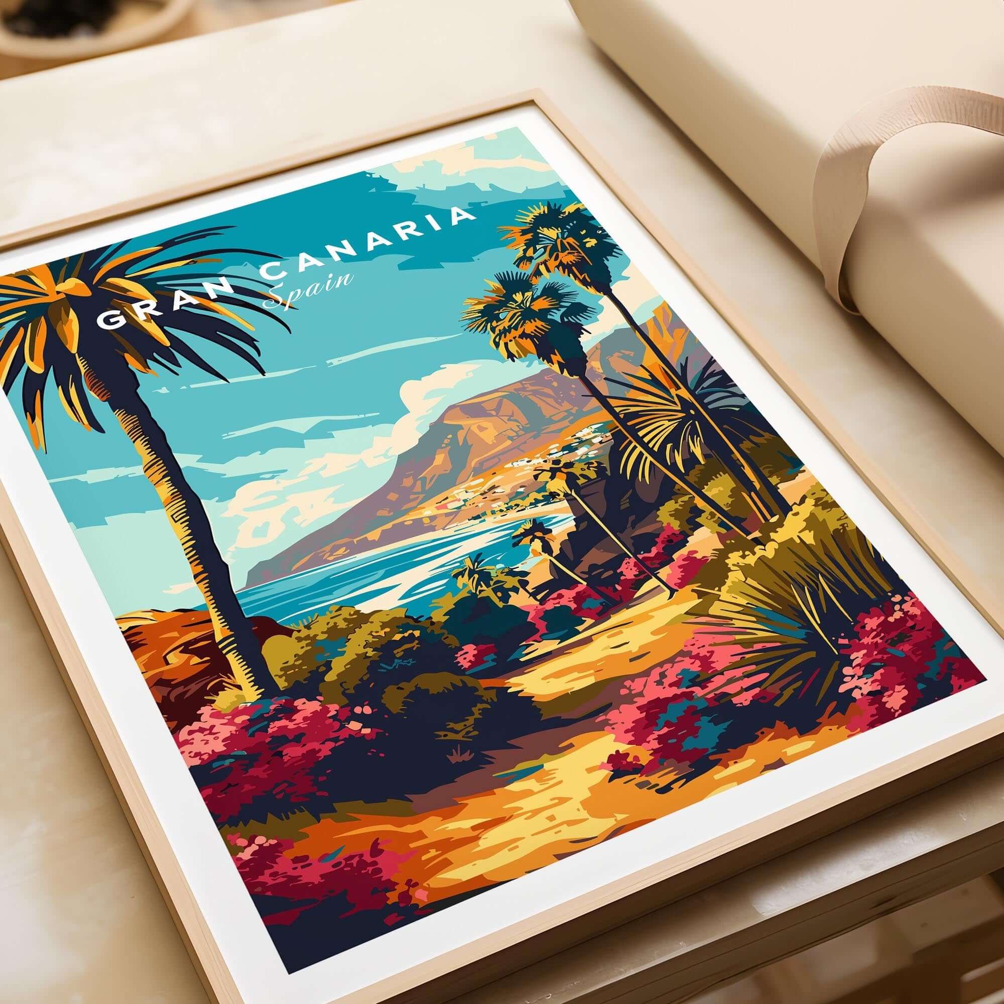 Gran Canaria Print - Canary Islands vibrant wall art featuring palm trees and beach scenery.
