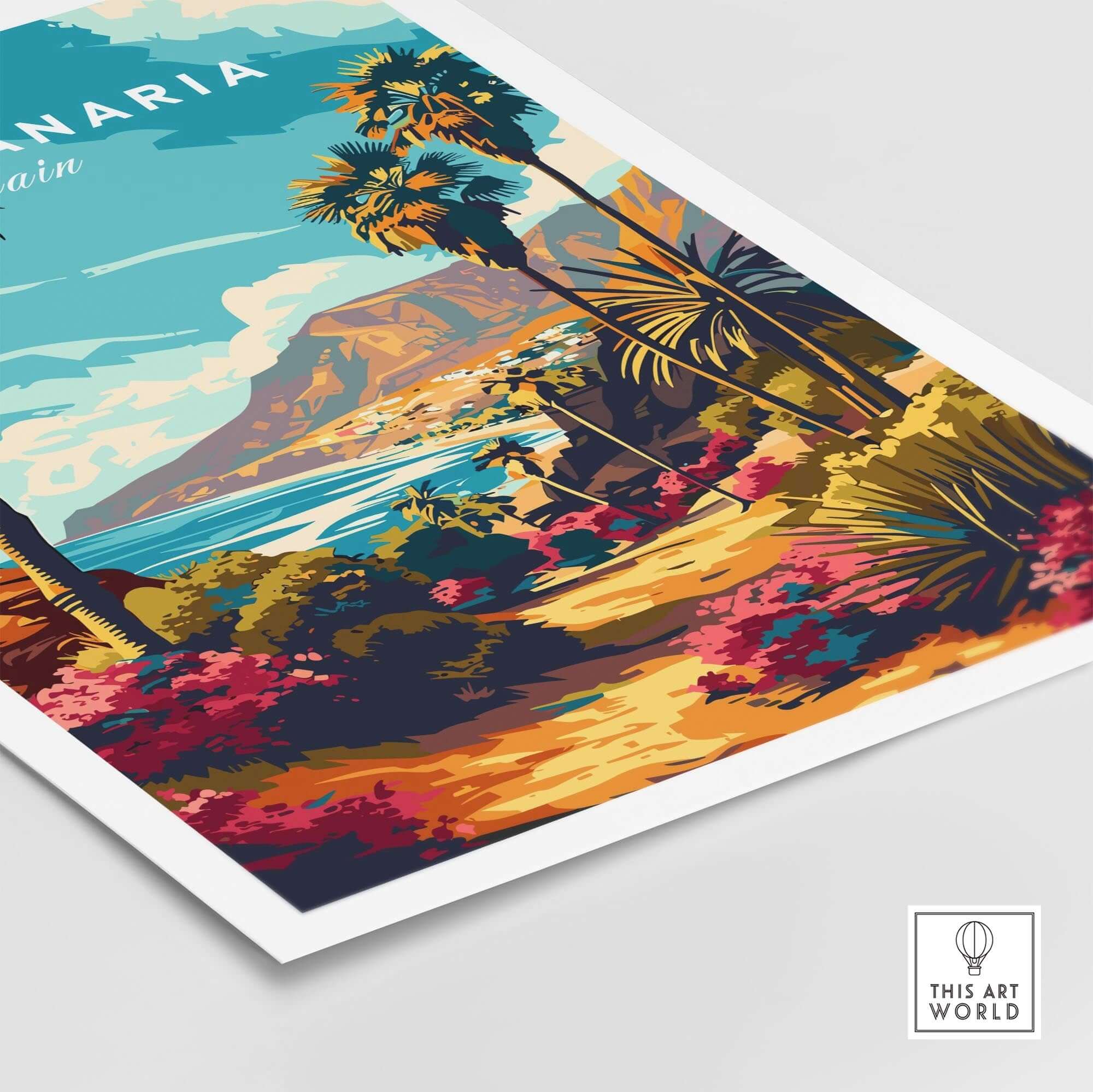 Gran Canaria Print - Canary Islands vibrant wall art featuring scenic landscape with palms and mountains.